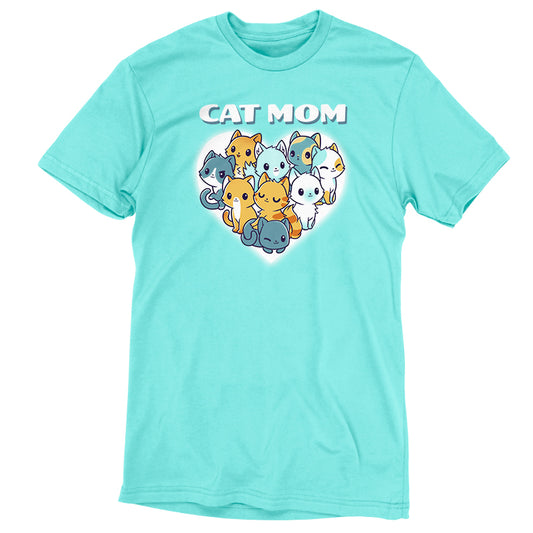 Turquoise I'm a Cat Mom t-shirt by TeeTurtle with cat print.