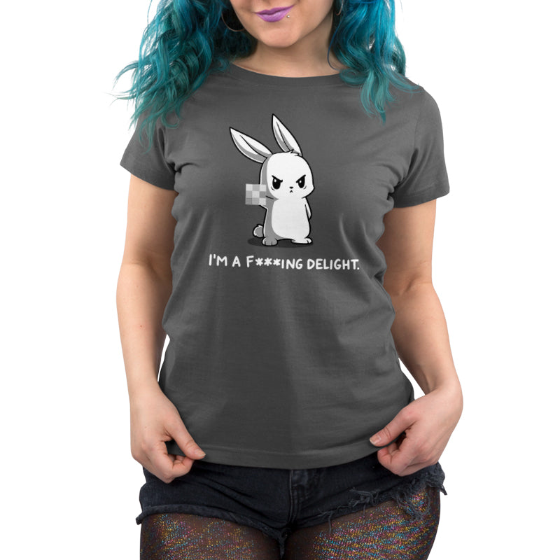 A woman wearing a TeeTurtle "I'm a F***ing Delight" t-shirt with a lovely personality and presence.