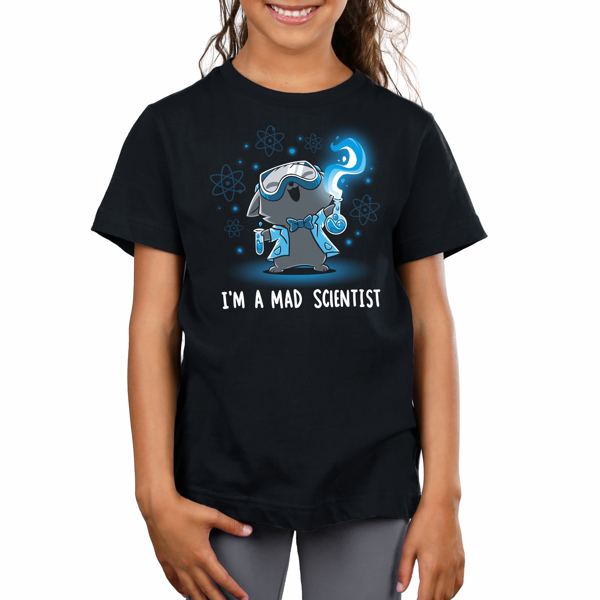 A TeeTurtle Mad Scientist black T-shirt featuring a girl posing as a Mad Scientist.