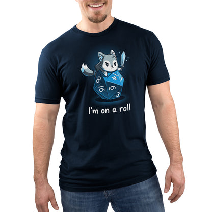 A man wearing a navy blue t-shirt that says TeeTurtle's "I'm on a Roll.