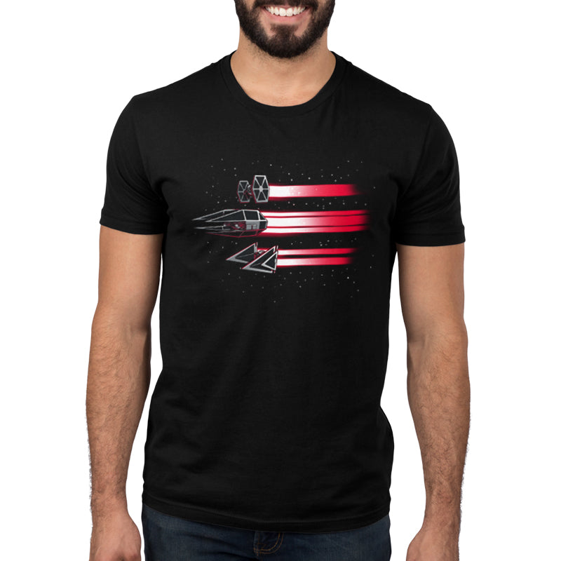An officially licensed men's black t-shirt with a Star Wars Imperial Ships logo on it.