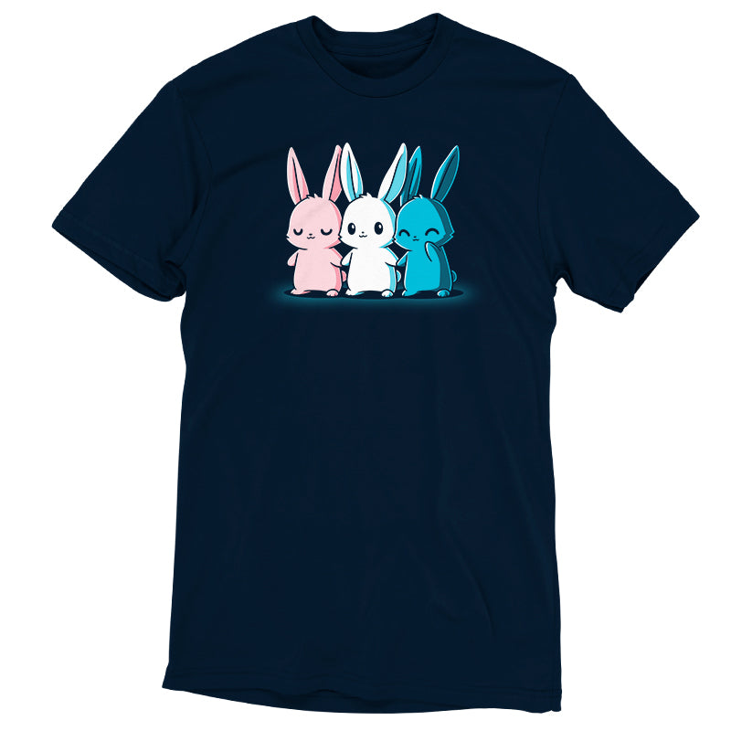 A navy blue t-shirt featuring Inclusive Bunnies in cartoon form, made from super soft ringspun cotton by monsterdigital.