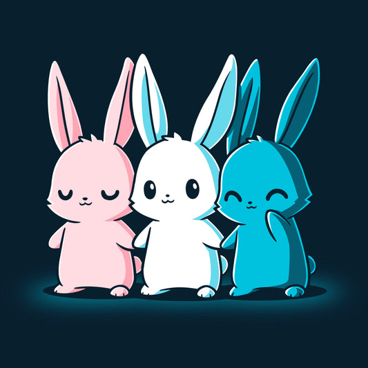 Illustration of three Inclusive Bunnies standing side by side against a dark background. The cartoon rabbits are pink, white, and blue, each with a friendly expression. Perfect for a navy blue t-shirt made from super soft ringspun cotton by monsterdigital.
