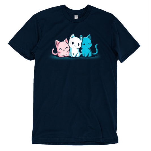 This monsterdigital Inclusive Kitties t-shirt in navy blue showcases three Inclusive Kitties: a pink cat, a white cat, and a blue cat. Made from super soft ringspun cotton, it's as comfy as it is cute.