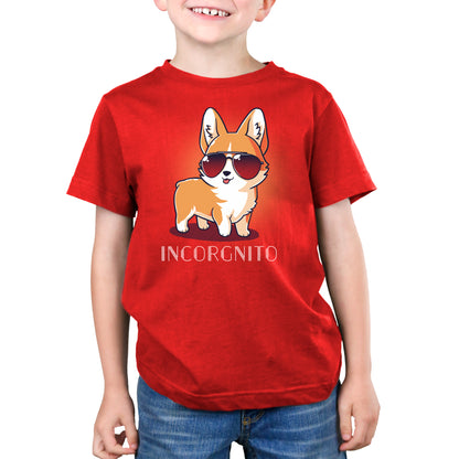 A young boy wearing a TeeTurtle red t-shirt with a TeeTurtle corgi.