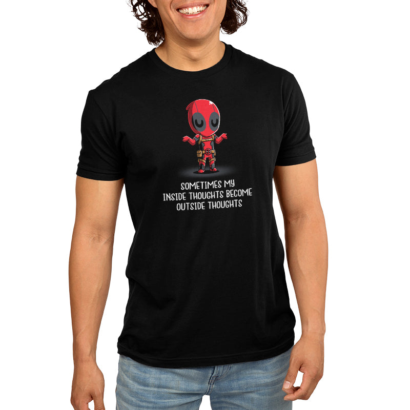 A man wearing an officially licensed Marvel - Deadpool/X-Men t-shirt with a Inside Thoughts quote on it.