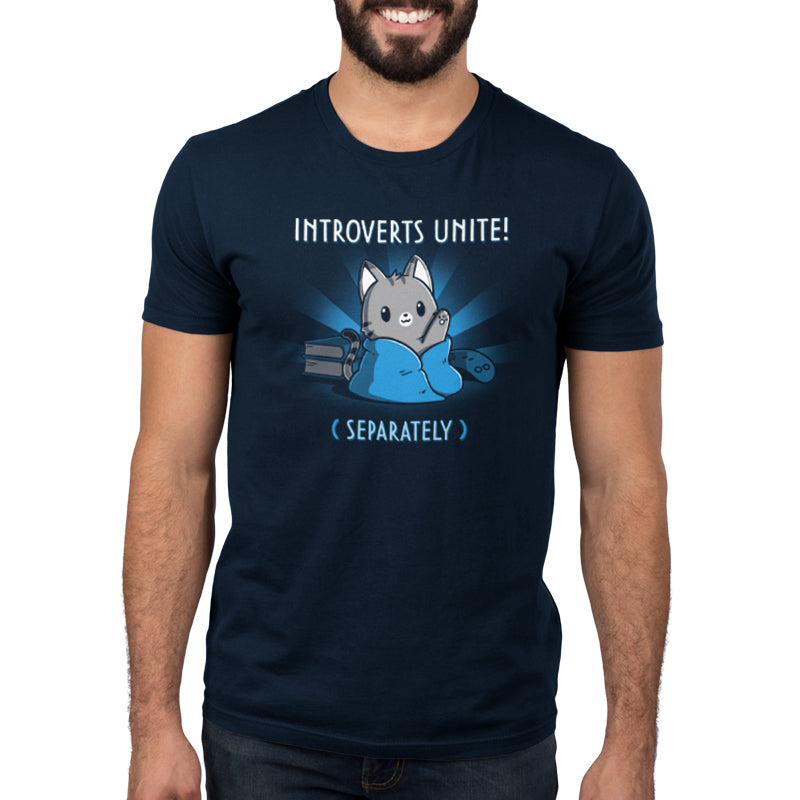 A man wearing a navy blue t-shirt that says "Introverts Unite!" (Separately) from TeeTurtle.