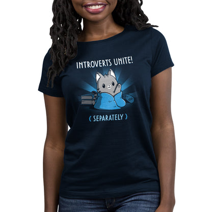 A woman wearing a navy blue TeeTurtle tee that says Introverts Unite!
