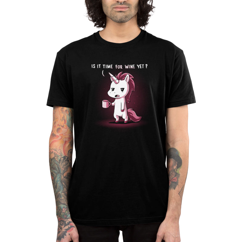 A black "Is It Time for Wine Yet?" t-shirt with an image of a unicorn by TeeTurtle.