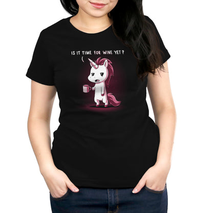 A woman wearing a Is It Time for Wine Yet? T-shirt by TeeTurtle with a unicorn on it.