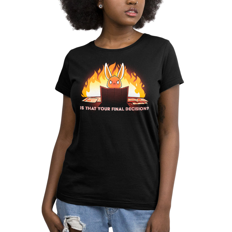A woman wearing the TeeTurtle "Is That Your Final Decision?" black tee with an image of a bunny on fire.