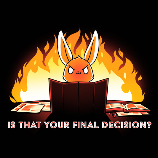 An animated bunny sits behind a game master screen with a stern expression, surrounded by flames. Text at the bottom reads: 
