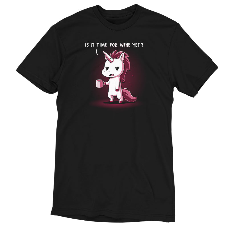 A black t-shirt with Is It Time for Wine Yet? logo by TeeTurtle, featuring a unicorn holding a cup of coffee.