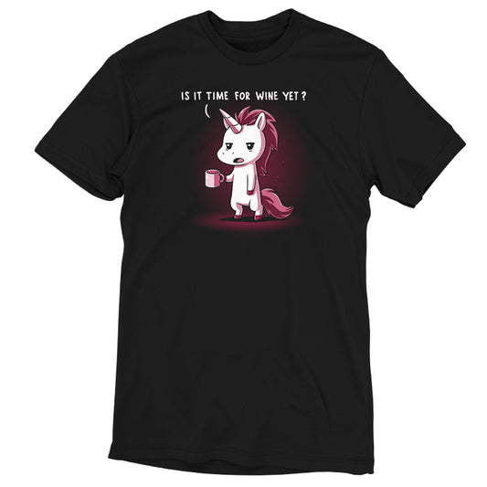 A black t-shirt with Is It Time for Wine Yet? logo by TeeTurtle, featuring a unicorn holding a cup of coffee.