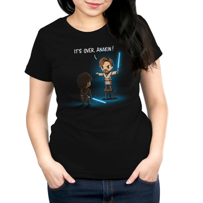 An officially licensed Star Wars "It's Over, Anakin" women's t-shirt featuring a character with a lightsaber.