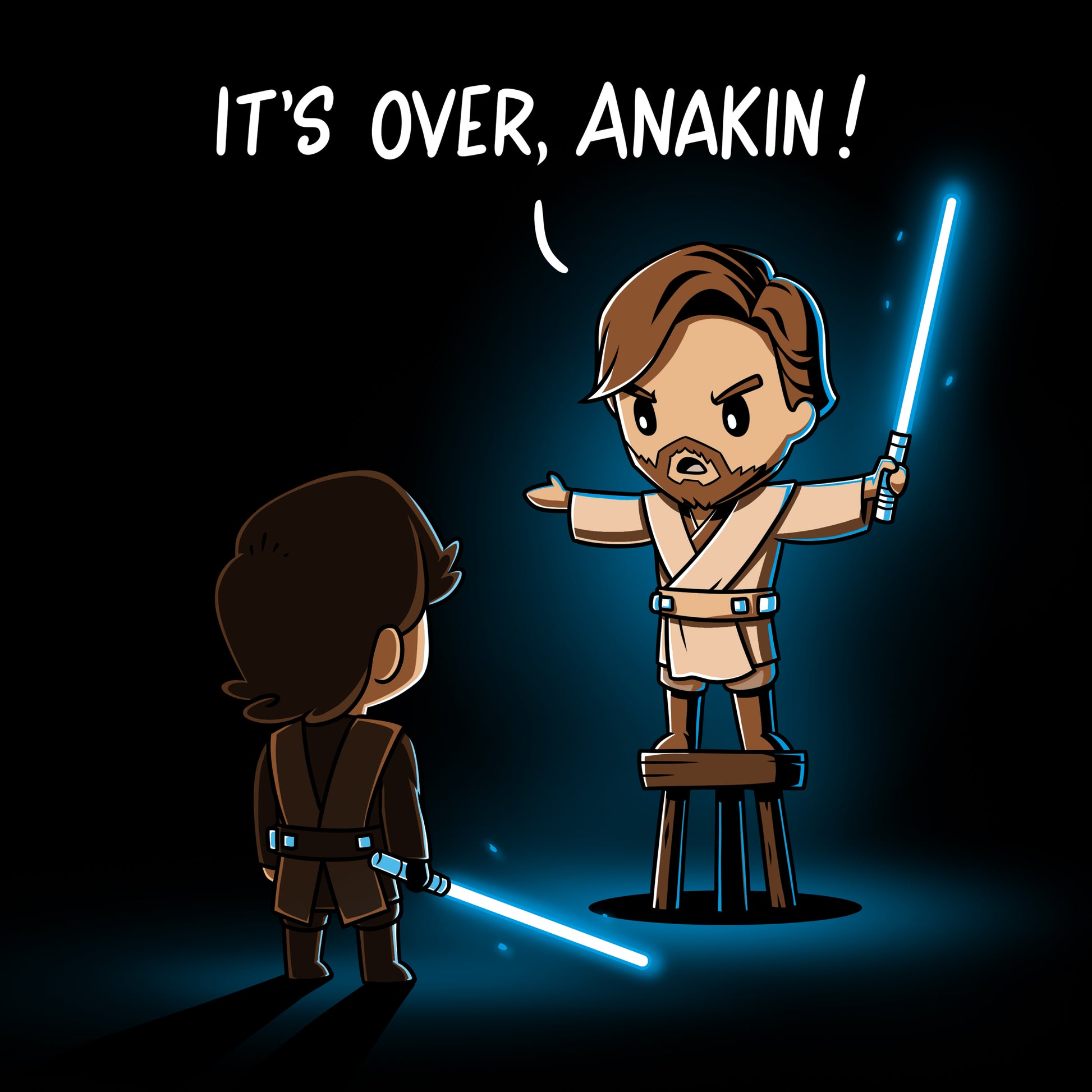 Officially licensed Star Wars "It's Over, Anakin" T-shirt paying homage to their high ground duel.