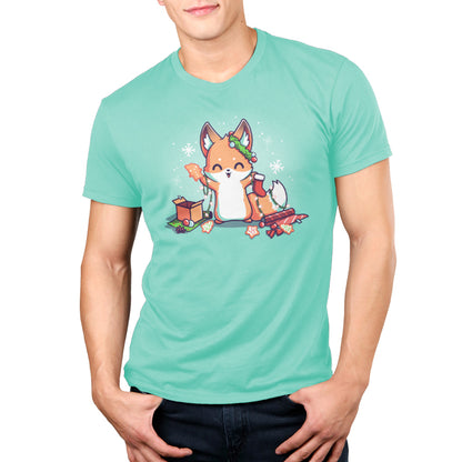 A man wearing a comfortable t-shirt with a fox on It's That Time of Year, enjoying holiday activities by TeeTurtle.