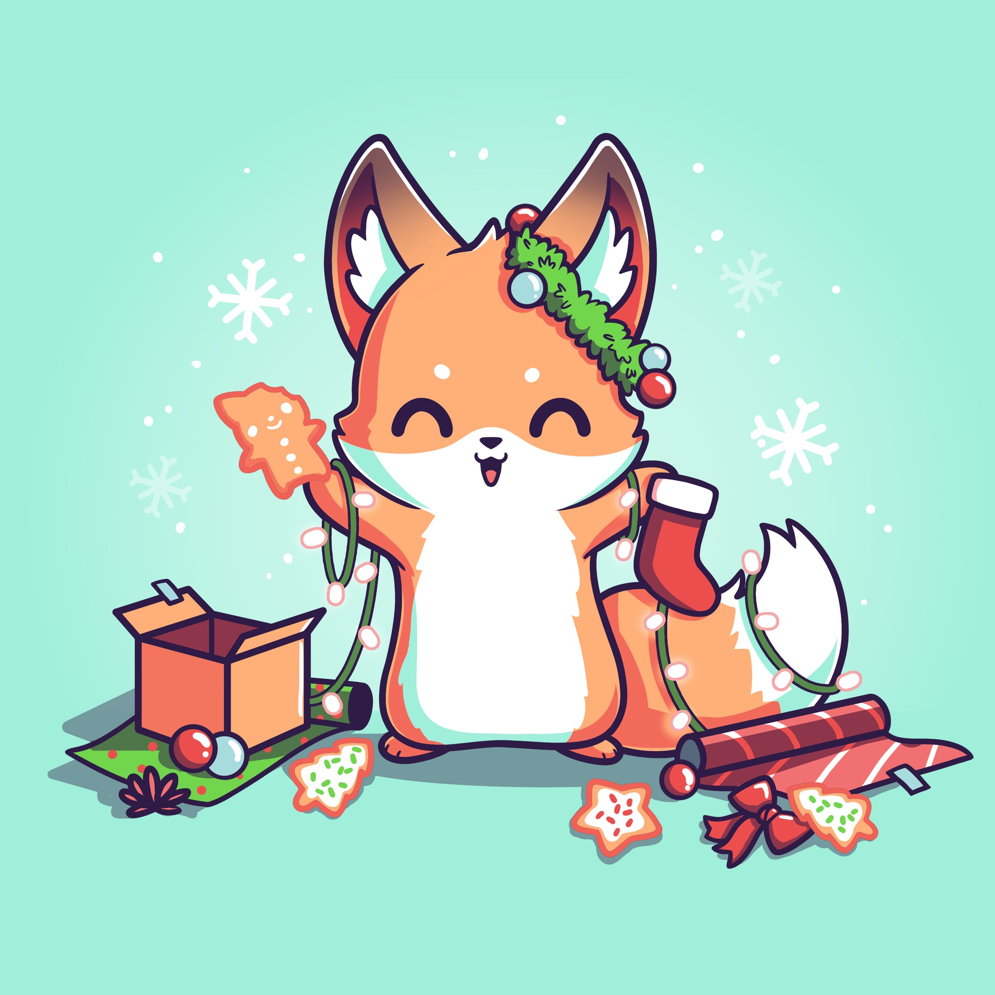 A cartoon fox wearing a Christmas hat, surrounded by gifts - It's That Time of Year by TeeTurtle.