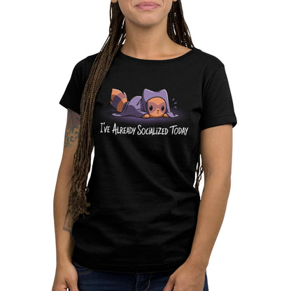 A woman wearing a black T-shirt from TeeTurtle, the "I've Already Socialized Today" TeeTurtle shirt.
