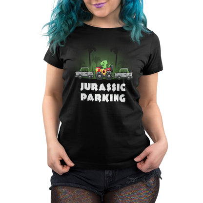 A woman wearing a TeeTurtle Jurassic Parking t-shirt.