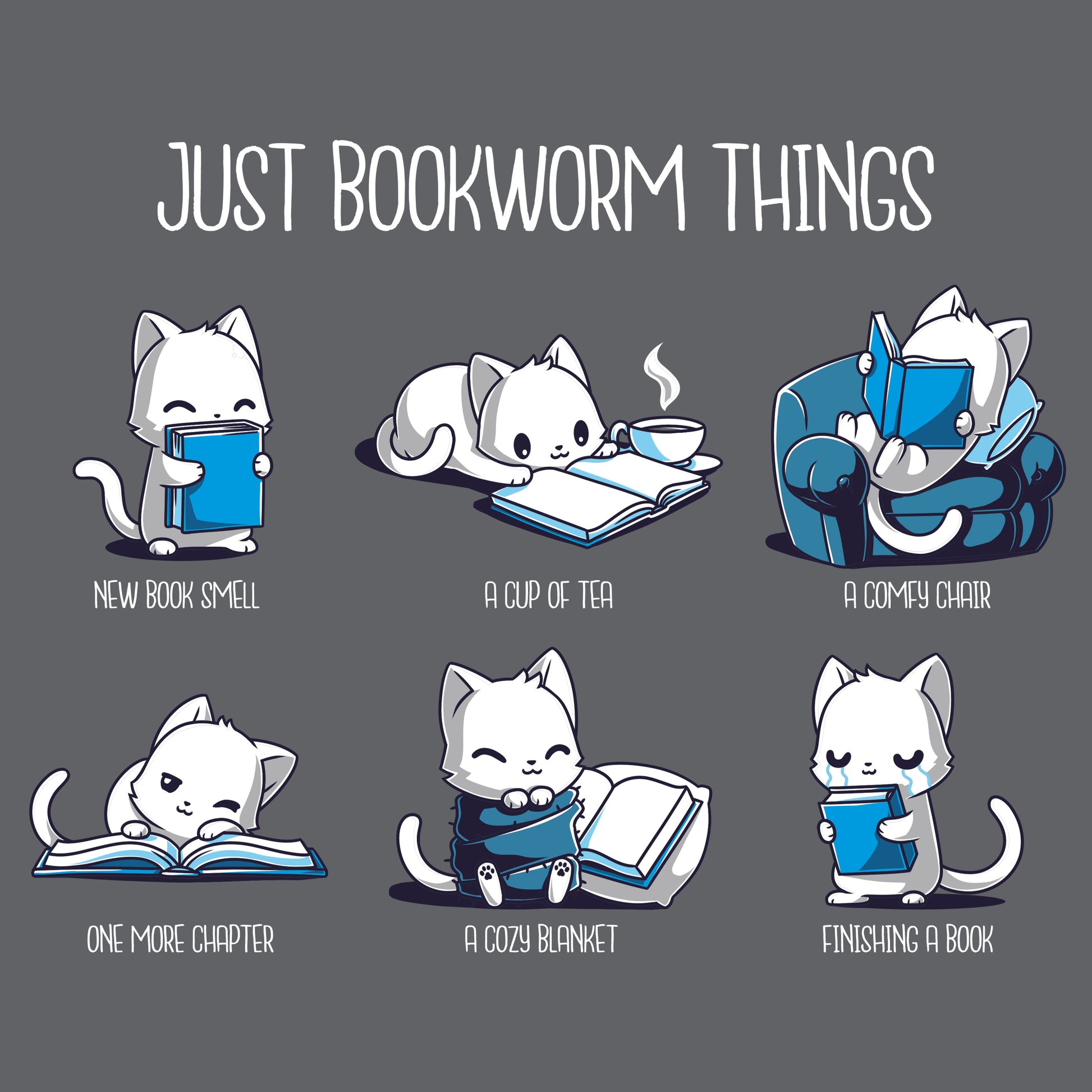 Illustration of six cat characters enjoying different aspects of reading, titled "Just Bookworm Things," on a super soft ringspun cotton charcoal gray tee by monsterdigital. The cats are depicted smelling a new book, drinking tea, sitting in a chair, reading another chapter, using a blanket, and finishing a book.
