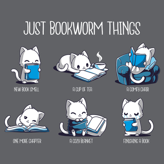 Illustration of six cat characters enjoying different aspects of reading, titled 