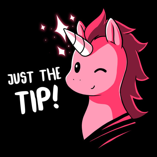 Cartoon unicorn with a pink mane winking and smiling on a men's T-shirt, the phrase 