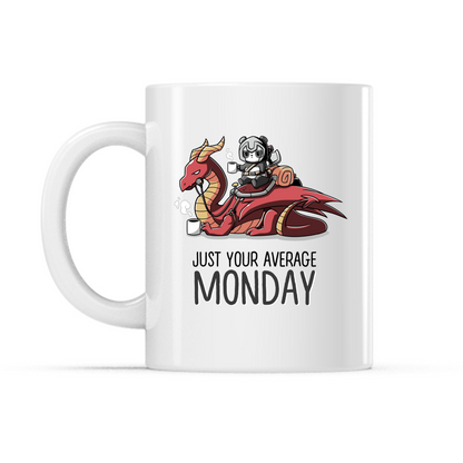 Ceramic Mug_TeeTurtle Just Your Average Monday white mug featuring a a warrior panda holding a cup of coffee riding on top of a dragon that’s also holding a cup of coffee, with the caption, “Just Your Average Monday“. 
