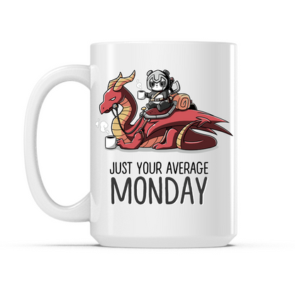 Ceramic Mug_TeeTurtle Just Your Average Monday white mug featuring a a warrior panda holding a cup of coffee riding on top of a dragon that’s also holding a cup of coffee, with the caption, “Just Your Average Monday“. 