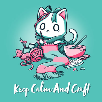 Premium Cotton T-shirt_Teeturtle Keep Calm and Craft Caribbean Blue apparel featuring an anxious-looking cat surrounded by various crafting items with the words 'Keep Calm and Craft' below.