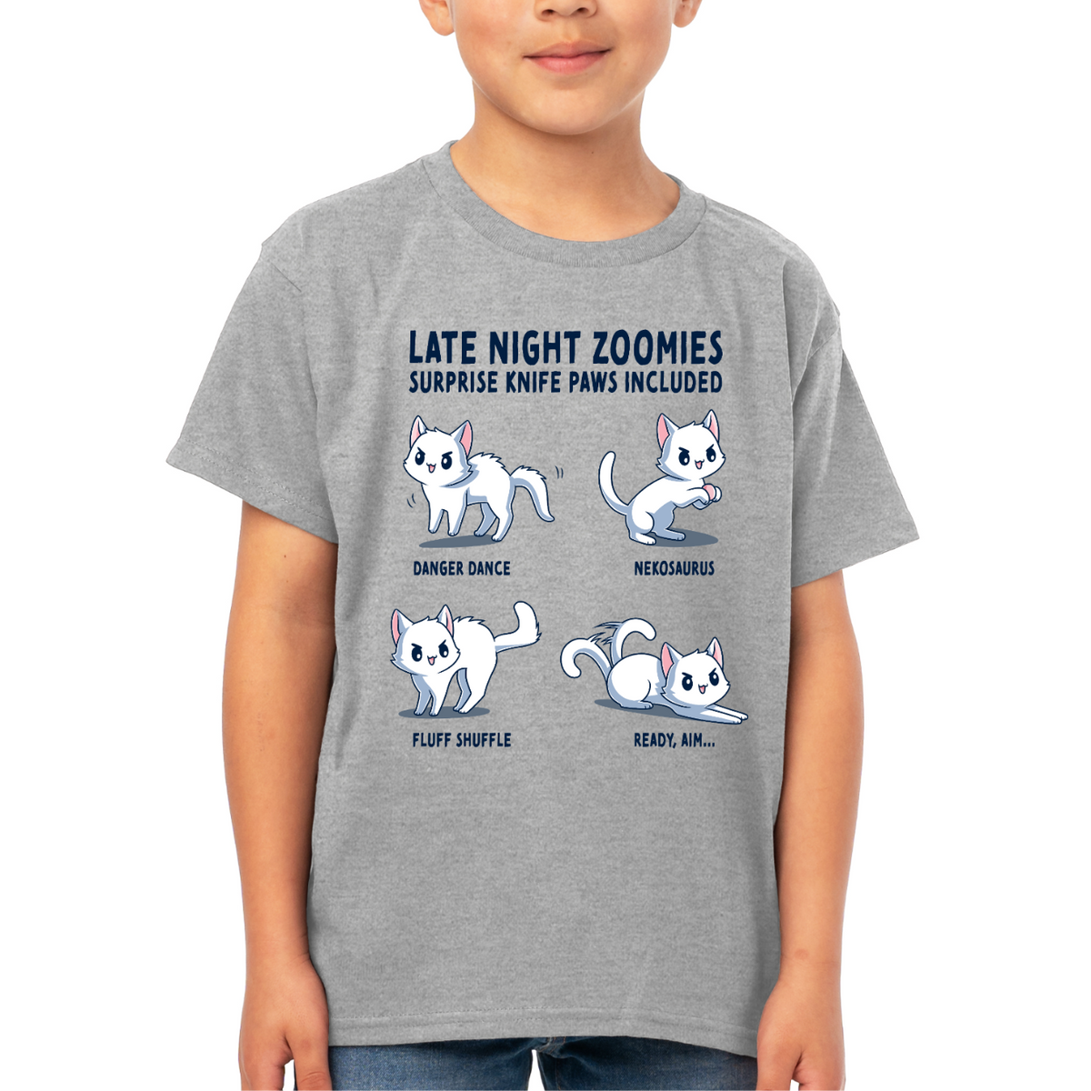 Kids' Classic T-Shirt_TeeTurtle light gray Late Night Zoomies Kids' Classic T-Shirt featuring four energetic white cats in different playful poses with the text "Late Night Zoomies, Surprise Knife Paws Included" and labels "Danger Dance," "Nekosaurus," "Fluff Shuffle," and "Ready, Aim..."
