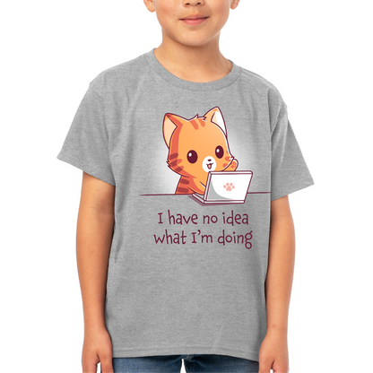 Kids' Classic T-Shirt_TeeTurtle light gray I Have No Idea What I'm Doing (Cat) Kids' Classic T-Shirt featuring a cheerful orange tabby cat sitting behind a laptop with one paw raised and the text "I have no idea what I'm doing."