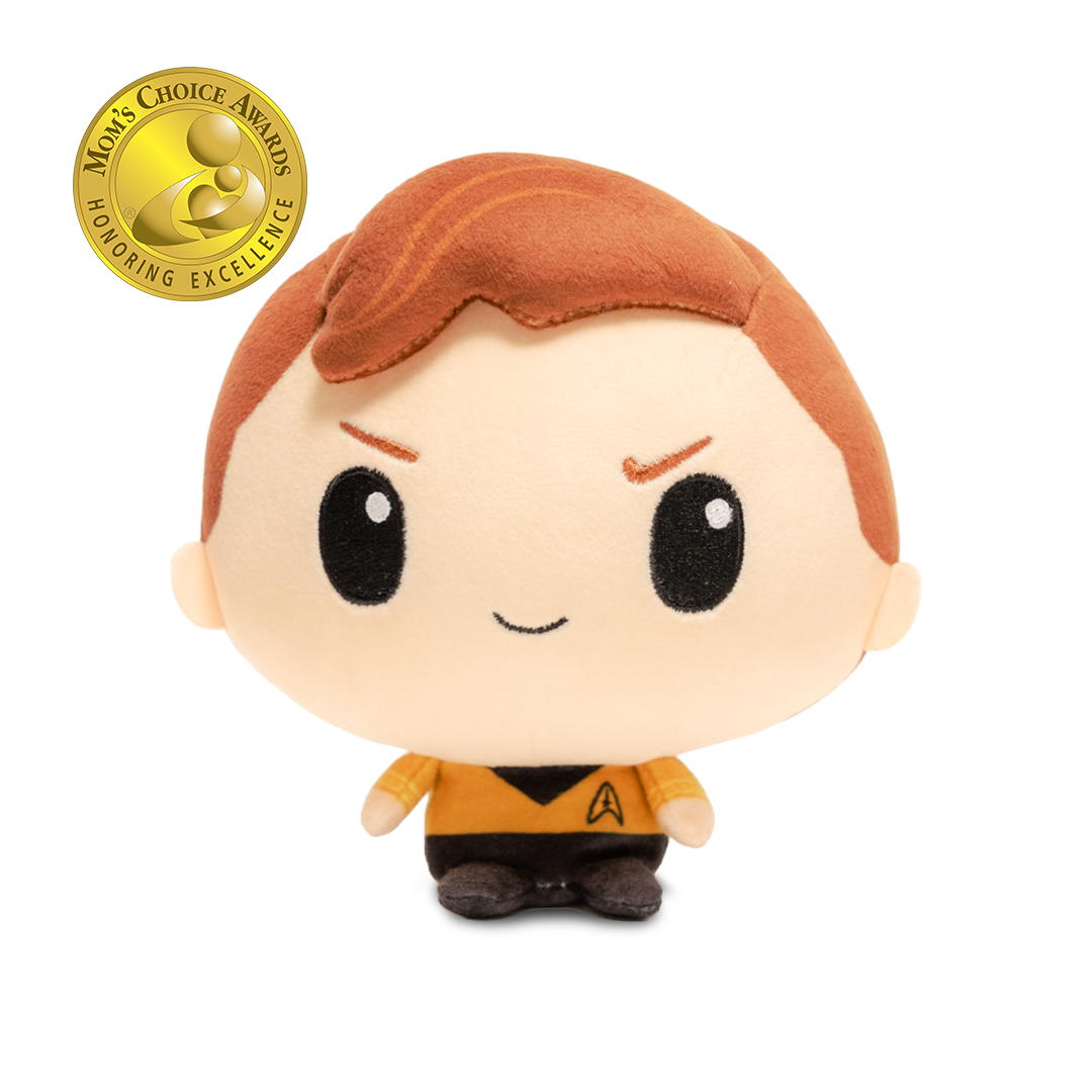 Captain Kirk plush with short reddish-brown hair, embroidered facial features, and a gold Starfleet uniform with a black collar and insignia, shown against a white background.