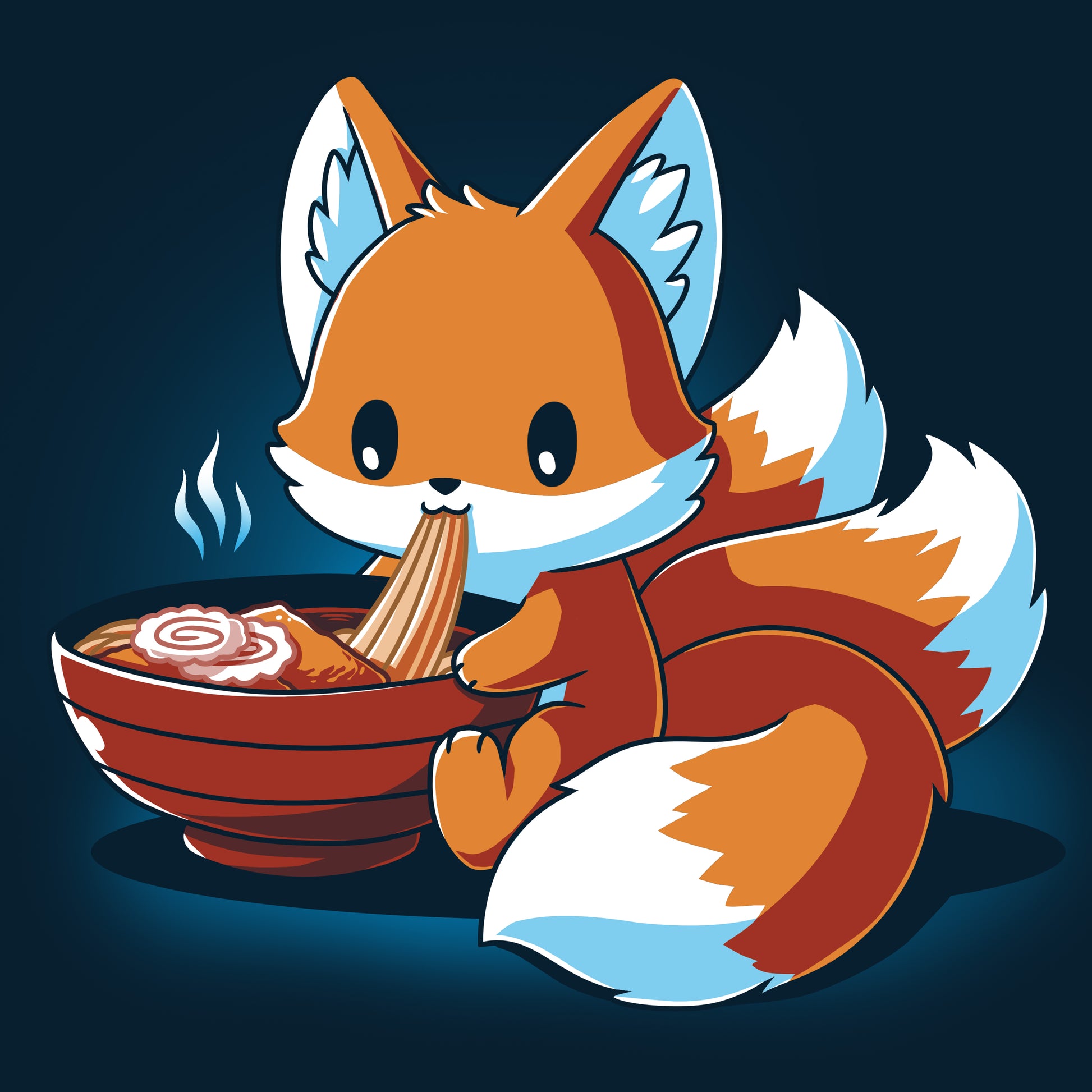 A navy blue fox enjoying TeeTurtle Ramen Kitsune in a bowl.