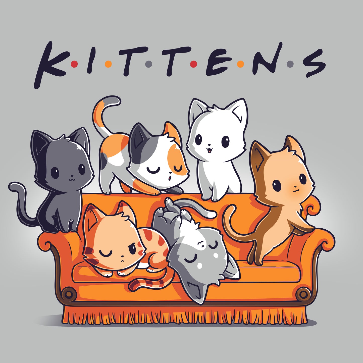 Premium Cotton T-shirt_TeeTurtle Kittens silver gray t-shirt featuring six kittens in various colors and patterns sitting and lying on an orange couch with the word "Kittens" spelled out above them.