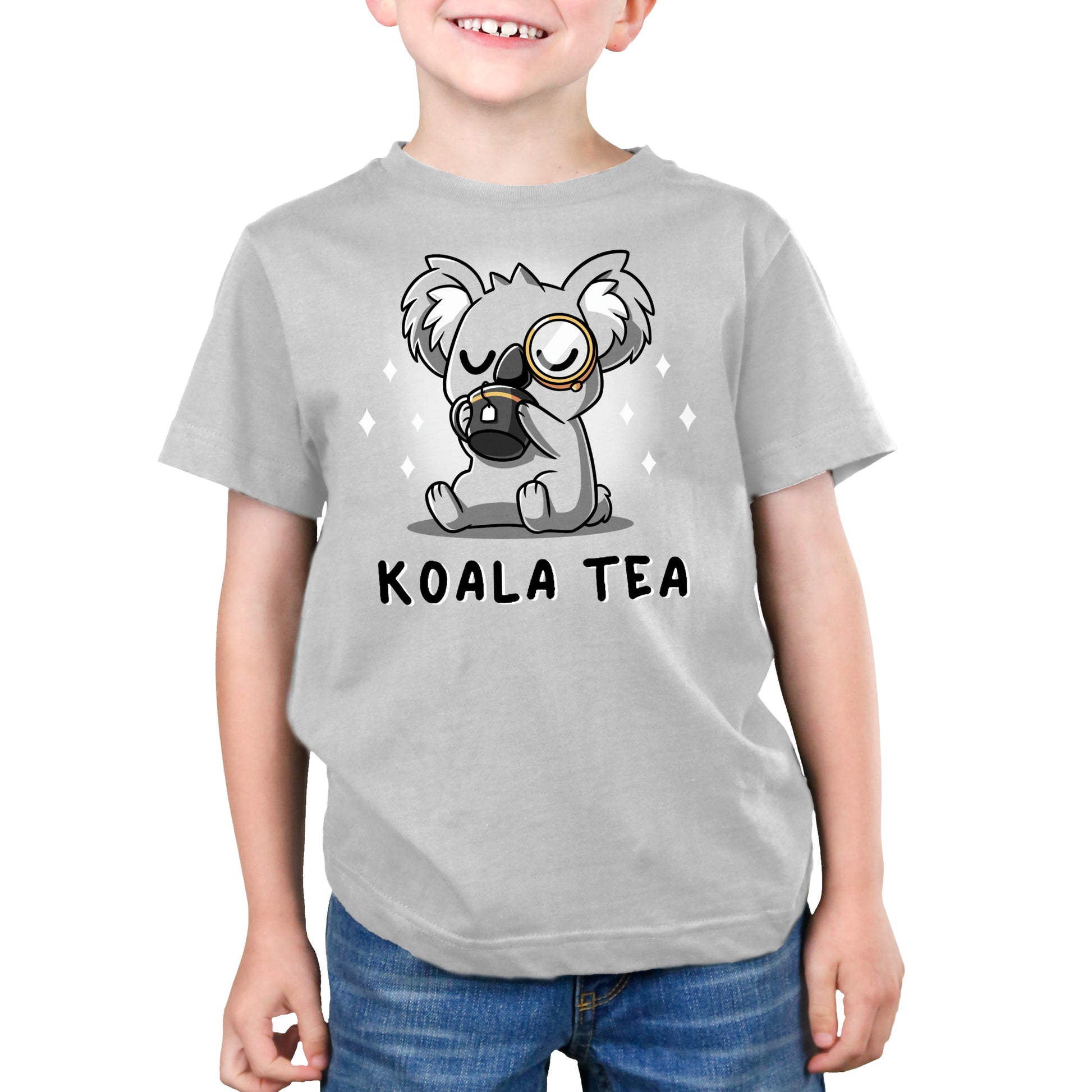 Premium Cotton T-shirt_Teeturtle Koala Tea silver gray t-shirt featuring a dignified Koala wearing a monocle sipping tea from a mug.