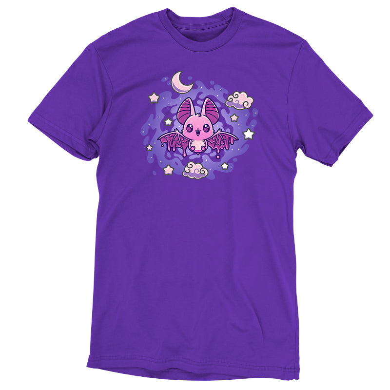 The product is a purple women's T-shirt featuring a pink bat-like character with wings, surrounded by clouds, stars, and a crescent moon in a whimsical design. Introducing the Itty Bitty Bat by monsterdigital.