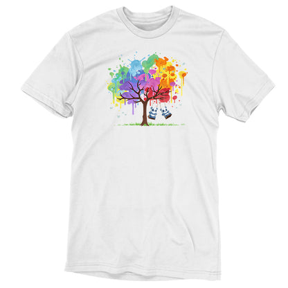 White T-shirt with a colorful graphic of a tree adorned with splashes of rainbow colors on its foliage, a swing hanging from one of its branches, and green grass at its base. Perfect for anyone, this versatile design is available in Men's T-shirt, Women's T-shirt, and Kids T-shirt sizes. The product "Rainbow Panda Pals" by the brand monsterdigital is sure to impress!