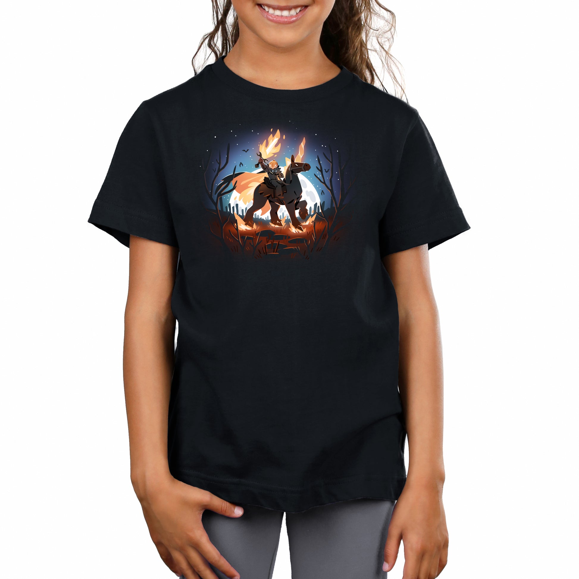 Premium Cotton T-shirt_TeeTurtle black Return of the Halloween Knight featuring a knight with a pumpkin head and flaming sword riding a horse in a spooky forest.