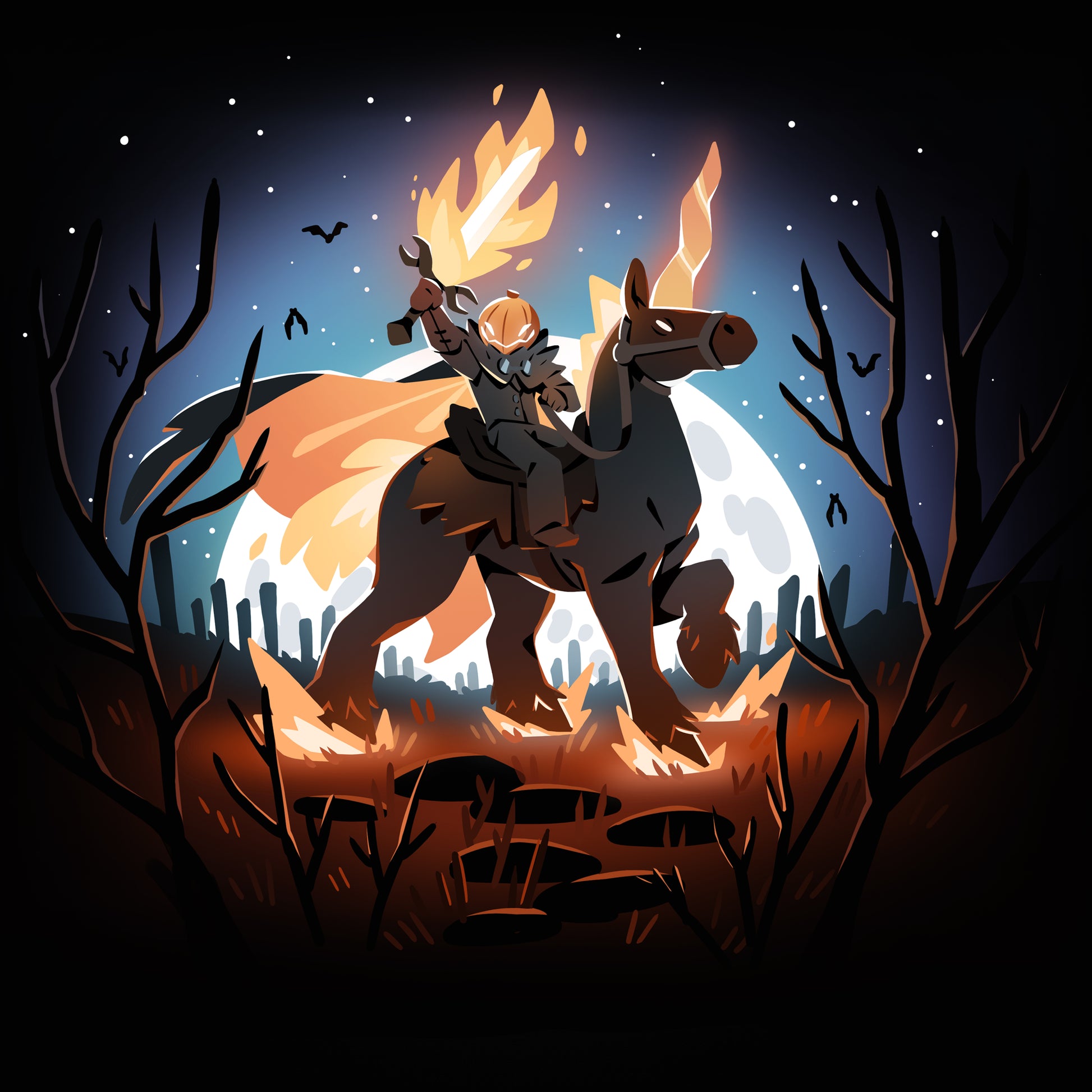 Premium Cotton T-shirt_TeeTurtle black Return of the Halloween Knight featuring a knight with a pumpkin head and flaming sword riding a horse in a spooky forest.