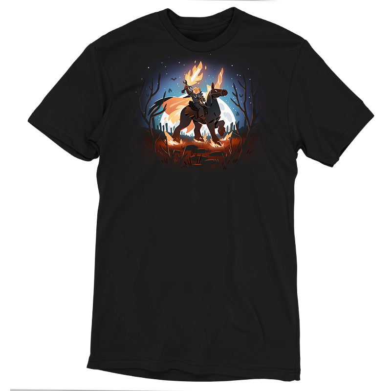 Premium Cotton T-shirt_TeeTurtle black Return of the Halloween Knight featuring a knight with a pumpkin head and flaming sword riding a horse in a spooky forest.