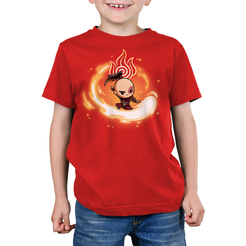 Premium Cotton T-shirt_TeeTurtle red Fire Nation Premium Cotton T-shirt featuring Zuko from Avatar: The Last Airbender surrounded by a swirl of fire with a determined expressin on his face and the fire nation symbol behind and above him.