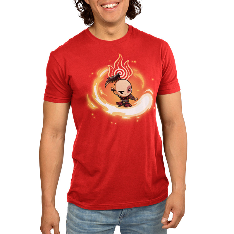 Premium Cotton T-shirt_TeeTurtle red Fire Nation Premium Cotton T-shirt featuring Zuko from Avatar: The Last Airbender surrounded by a swirl of fire with a determined expressin on his face and the fire nation symbol behind and above him.