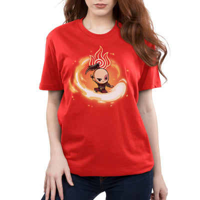 Premium Cotton T-shirt_TeeTurtle red Fire Nation Premium Cotton T-shirt featuring Zuko from Avatar: The Last Airbender surrounded by a swirl of fire with a determined expressin on his face and the fire nation symbol behind and above him.