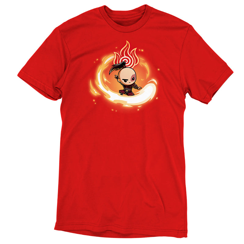 Premium Cotton T-shirt_TeeTurtle red Fire Nation Premium Cotton T-shirt featuring Zuko from Avatar: The Last Airbender surrounded by a swirl of fire with a determined expressin on his face and the fire nation symbol behind and above him.