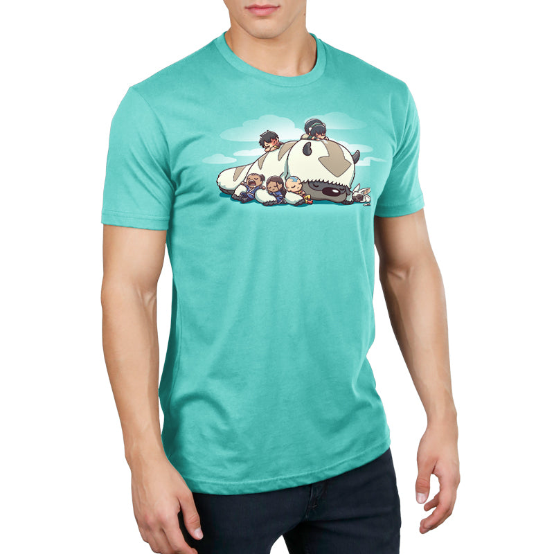 Premium Cotton T-shirt_TeeTurtle Caribbean blue Sleepy Gaang apparel featuring Aang, Katara, Sokka, Toph, Zuko and Momo from Avatar: The Last Airbender, all asleep and cuddling wtih Appa the Air Bison, who is also asleep, with a background of clouds. 