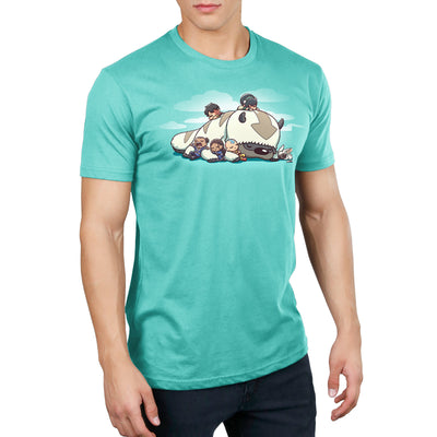 Premium Cotton T-shirt_TeeTurtle Caribbean blue Sleepy Gaang apparel featuring Aang, Katara, Sokka, Toph, Zuko and Momo from Avatar: The Last Airbender, all asleep and cuddling wtih Appa the Air Bison, who is also asleep, with a background of clouds. 