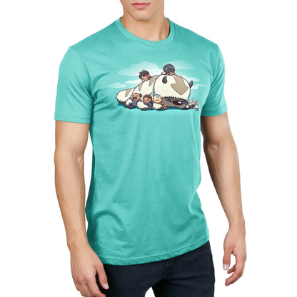 Premium Cotton T-shirt_TeeTurtle Caribbean blue Sleepy Gaang apparel featuring Aang, Katara, Sokka, Toph, Zuko and Momo from Avatar: The Last Airbender, all asleep and cuddling wtih Appa the Air Bison, who is also asleep, with a background of clouds. 