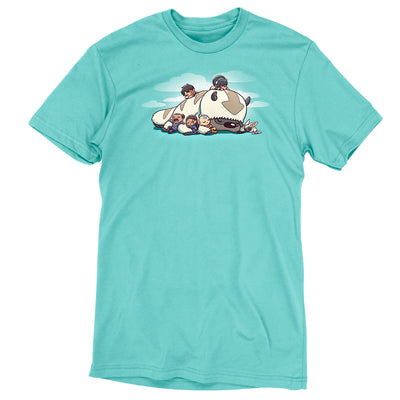 Premium Cotton T-shirt_TeeTurtle Caribbean blue Sleepy Gaang apparel featuring Aang, Katara, Sokka, Toph, Zuko and Momo from Avatar: The Last Airbender, all asleep and cuddling wtih Appa the Air Bison, who is also asleep, with a background of clouds. 