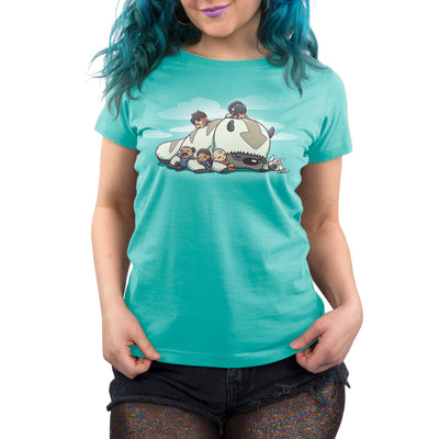 Premium Cotton T-shirt_TeeTurtle Caribbean blue Sleepy Gaang apparel featuring Aang, Katara, Sokka, Toph, Zuko and Momo from Avatar: The Last Airbender, all asleep and cuddling wtih Appa the Air Bison, who is also asleep, with a background of clouds. 